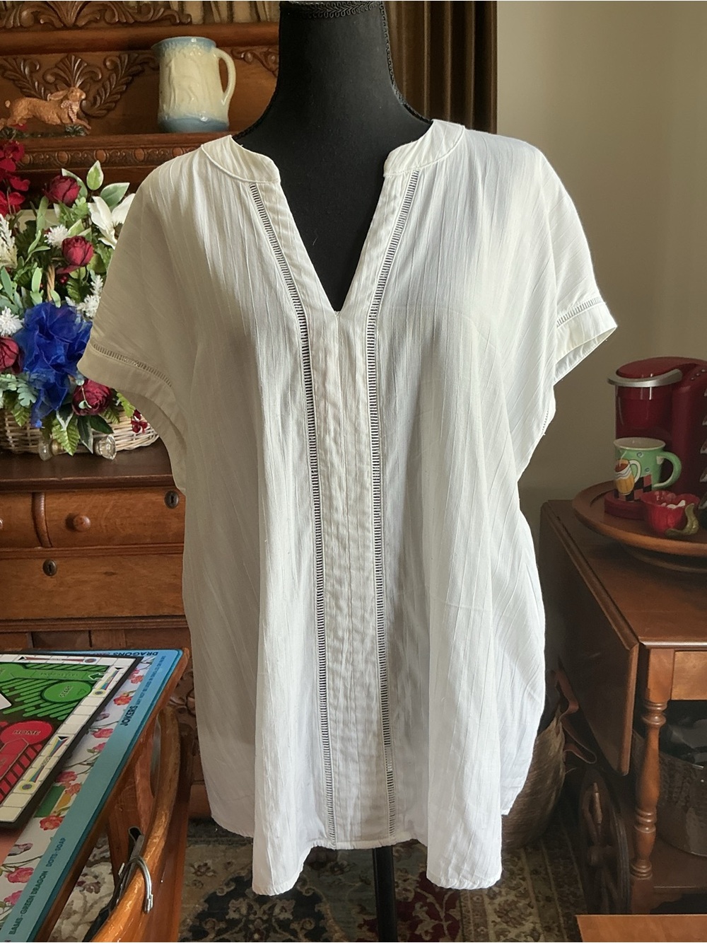 PERCH Casual White Split-Neck Short Sleeve Tunic